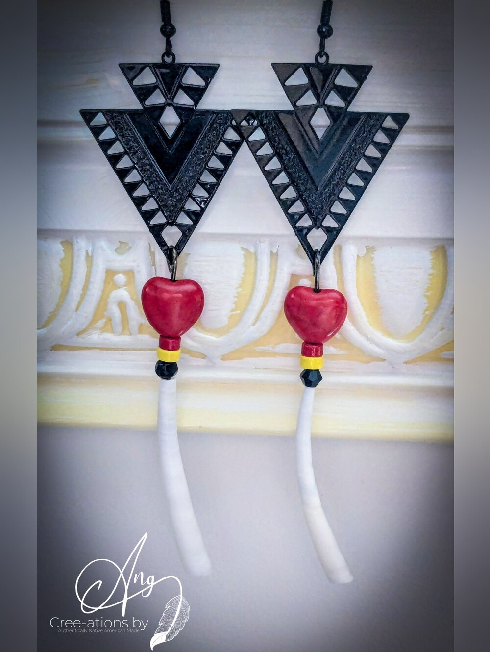 Native American Medicine Wheel Triangle Dentalium Shell Earrings